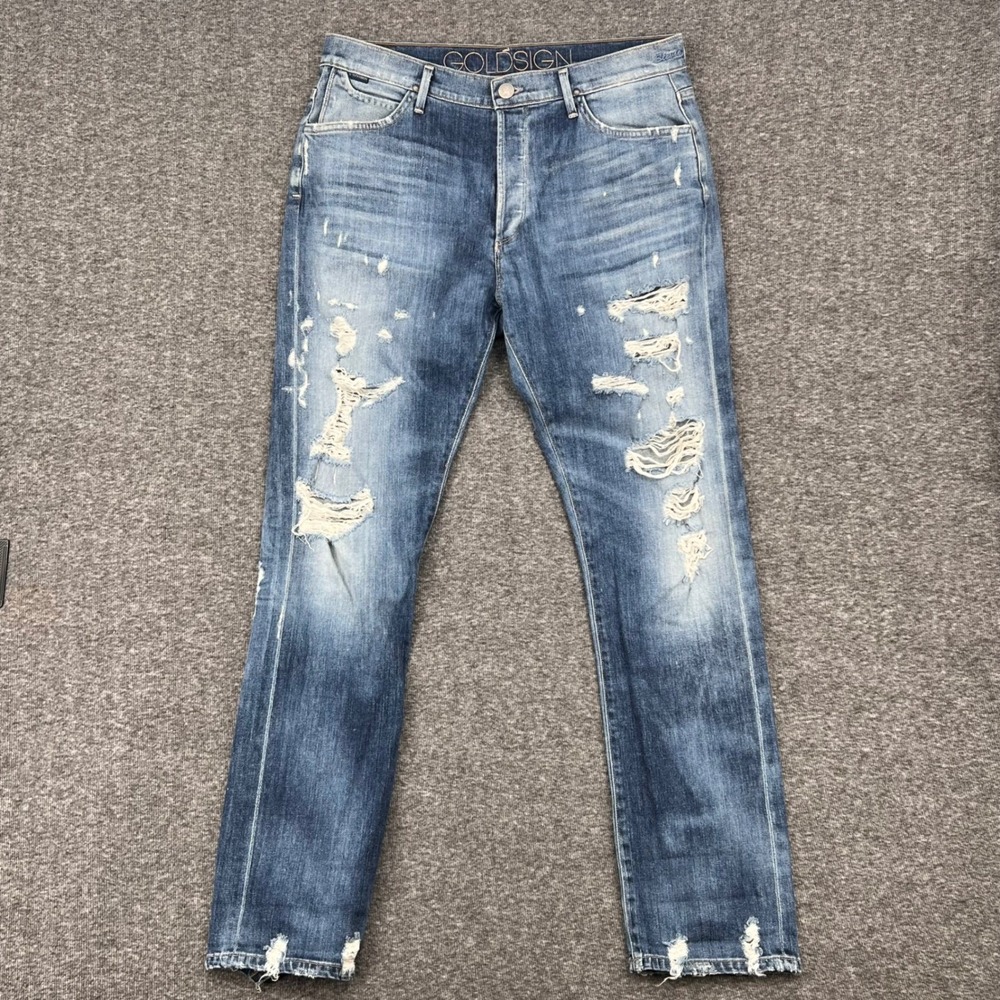 GOLDSIGN Misfit Slim Straight Distressed Jeans 29 Medium Wash Shredded Denim USA